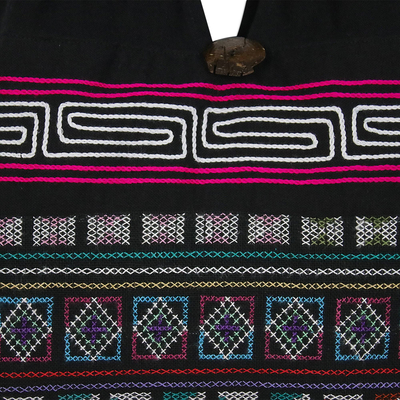 Cotton blend shoulder bag, 'Exotic Embroidery' - Cotton Blend Shoulder Bag with Pink Stripes from Thailand