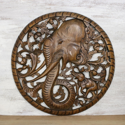 Teak wood relief panel, Master Elephant (left-facing)