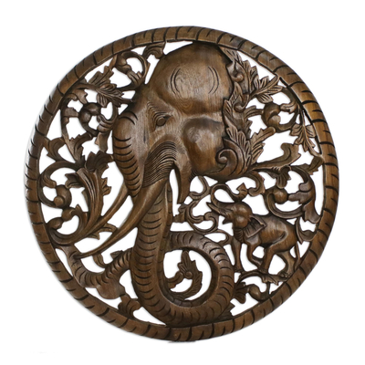 Left-Facing Teak Wood Elephant Relief Panel from Thailand