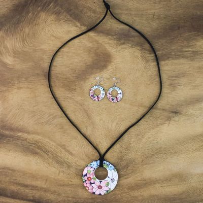 Conjunto de joyas de cerámica - Conjunto de joyería de collar y aretes con colgante floral de cerámica