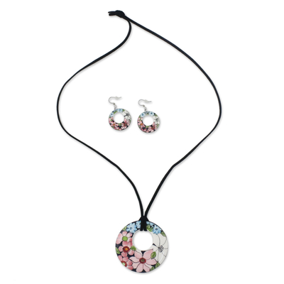 Conjunto de joyas de cerámica - Conjunto de joyería de collar y aretes con colgante floral de cerámica