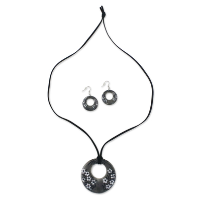 Ceramic jewelry set, 'Blooming Midnight' - Ceramic Black Floral Pendant Necklace Dangle Earrings Set
