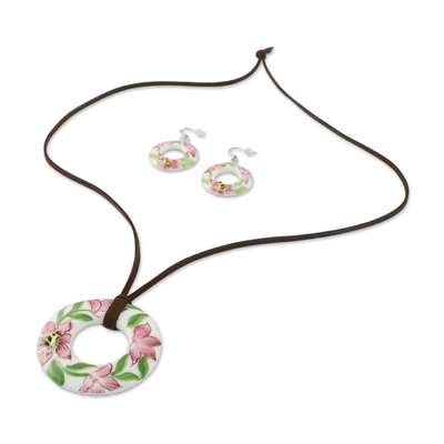 Conjunto de joyas de cerámica - Juego de collar con colgante de abeja de cerámica tailandesa y aretes colgantes