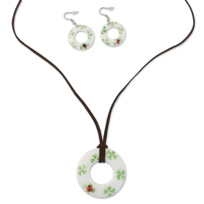 Ceramic White Ladybug Pendant Necklace Dangle Earrings Set