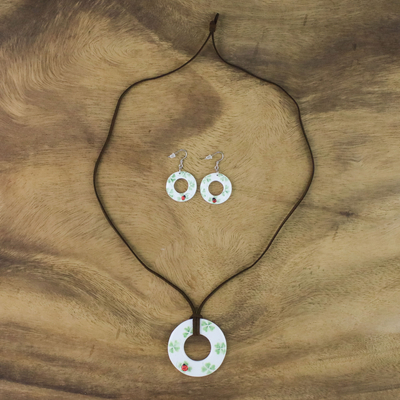 Ceramic Jewellery set, 'Humming Ladybug' - Ceramic White Ladybug Pendant Necklace Dangle Earrings Set