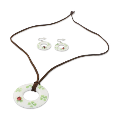 Ceramic jewelry set, 'Humming Ladybug' - Ceramic White Ladybug Pendant Necklace Dangle Earrings Set