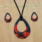 Ceramic jewelry set, 'Crimson Bloom' - Ceramic Black and Red Pendant Necklace Dangle Earrings Set