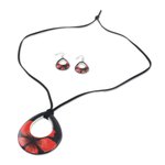 Ceramic jewelry set, 'Crimson Bloom' - Ceramic Black and Red Pendant Necklace Dangle Earrings Set