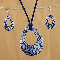 Ceramic Jewellery set, 'Flying Flowers' - Ceramic Blue Floral Pendant Necklace Dangle Earrings Set