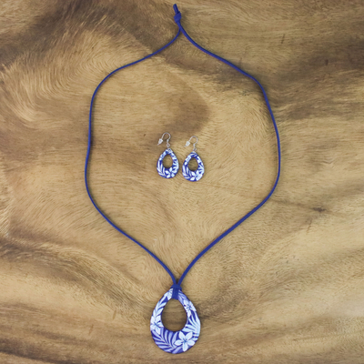 Ceramic jewelry set, 'Flying Flowers' - Ceramic Blue Floral Pendant Necklace Dangle Earrings Set