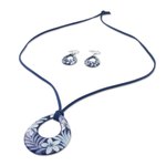 Ceramic jewelry set, 'Flying Flowers' - Ceramic Blue Floral Pendant Necklace Dangle Earrings Set
