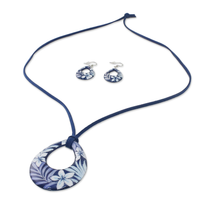 Ceramic Jewellery set, 'Flying Flowers' - Ceramic Blue Floral Pendant Necklace Dangle Earrings Set