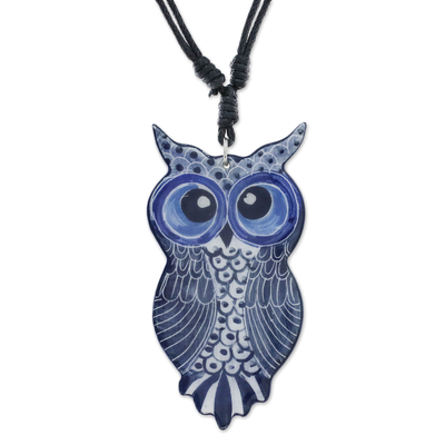 Thai Handmade Blue Ceramic Owl Adjustable Pendant Necklace