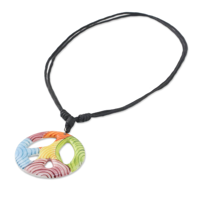 Ceramic pendant necklace, 'Colorful Peace' - Thai Handcrafted Ceramic Peace Sign Pendant Necklace