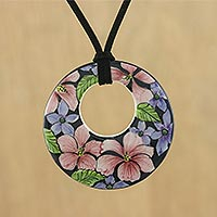 Ceramic pendant necklace, 'Jepun Blooms' - Ceramic Handmade Floral Painted Pendant Necklace