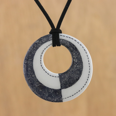 Ceramic pendant necklace, 'Infinite Duality' - Ceramic Thai Handmade Black and White Pendant Necklace