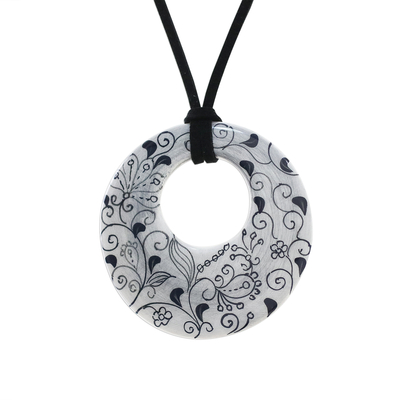 Ceramic pendant necklace, 'Flower Lines' - Ceramic Handmade Floral Black and White Pendant Necklace