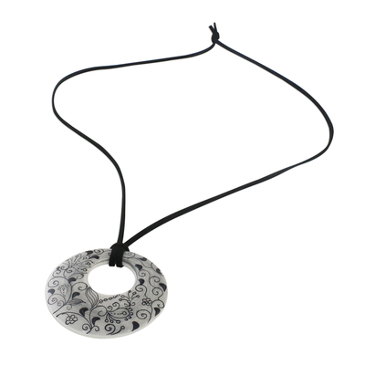 Ceramic pendant necklace, 'Flower Lines' - Ceramic Handmade Floral Black and White Pendant Necklace