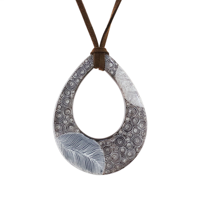 Ceramic pendant necklace, 'Brown Mist' - Ceramic Thai Handmade Brown Leaf Pattern Pendant Necklace