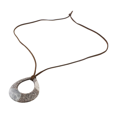 Ceramic pendant necklace, 'Brown Mist' - Ceramic Thai Handmade Brown Leaf Pattern Pendant Necklace