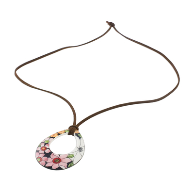 Ceramic pendant necklace, 'Bursting Blooms' - Ceramic Floral Pendant Necklace on a Faux Suede Cord