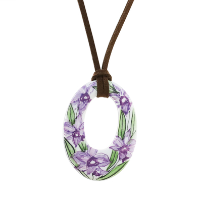 Collar colgante de cerámica - Collar colgante floral lila hecho a mano tailandesa de cerámica