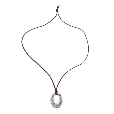 Ceramic pendant necklace, 'Lush Lilac' - Ceramic Thai Handmade Lilac Floral Pendant Necklace