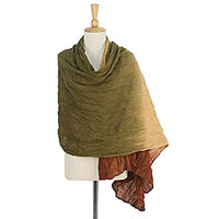 Cotton shawl, 'Cozy Grove' - Brown and Green Cotton Shawl Hand Dyed in Thailand