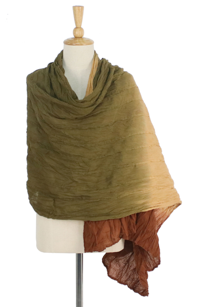 Cotton shawl, 'Cozy Grove' - Brown and Green Cotton Shawl Hand Dyed in Thailand