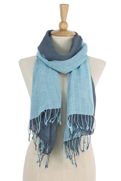 Cotton reversible scarf, 'Ocean Tones' - 100% Cotton Reversible Blue and Grey Fringed Scarf