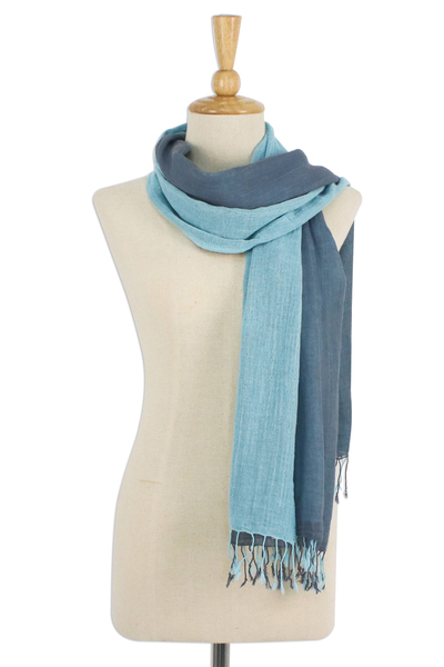 Bufanda reversible de algodón - Pañuelo 100% algodón reversible azul y gris con flecos