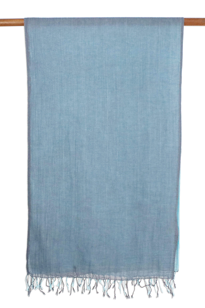 Wendeschal aus Baumwolle - Wendeschal aus 100 % Baumwolle mit blauen und grauen Fransen