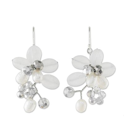 Cultured pearl and quartz cluster earrings, 'Winter Moment' - Cultured Freshwater Pearl White Quartz Cluster Earrings