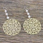 Cultured pearl dangle earrings, 'Elegant Coin' - Cultured Freshwater Pearl Openwork Coin Earrings