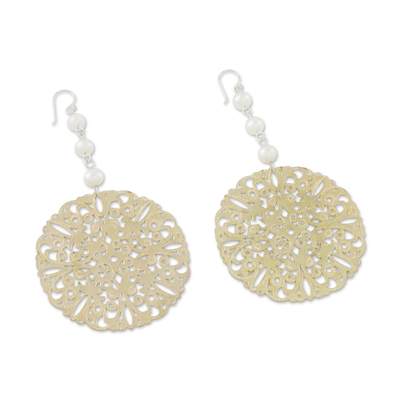 Cultured pearl dangle earrings, 'Elegant Coin' - Cultured Freshwater Pearl Openwork Coin Earrings