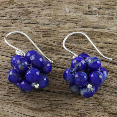 Lapis lazuli dangle earrings, 'Blue Grapes' - Lapis Lazuli Cluster Dangle Earrings from Thailand