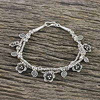 Silver beaded charm bracelet, 'Swirl Dance' - 950 Silver and Sterling Silver Beaded Swirl Floral Bracelet