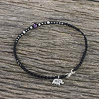 Amethyst and silver beaded charm anklet, 'Special Elephant' - Thai Amethyst and Karen Silver Beaded Elephant Charm Anklet