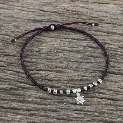 Silver charm anklet, 'Sweet Turtle' - Hand Made Thai Karen Silver Beaded Turtle Charm Cord Anklet