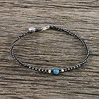 Apatite and silver beaded macrame charm anklet, 'Floral Forevermore' - Karen Silver and Apatite Flower Charm Cord Anklet