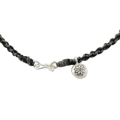 Apatite and silver beaded macrame charm anklet, 'Floral Forevermore' - Karen Silver and Apatite Flower Charm Cord Anklet