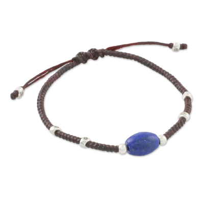 Lapis lazuli and silver beaded cord bracelet, 'Ocean of Memories' - Lapis Lazuli Silver Beaded Cord Bracelet Made in Thailand
