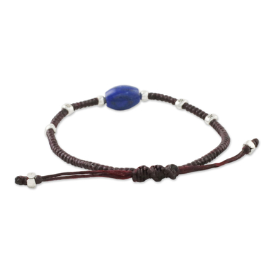 Lapis lazuli and silver beaded cord bracelet, 'Ocean of Memories' - Lapis Lazuli Silver Beaded Cord Bracelet Made in Thailand
