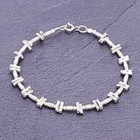Silver beaded bracelet, 'Dots and Boxes' - Handmade Circle Rectangle 925 Sterling Karen Silver Bracelet