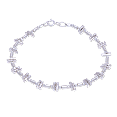 Silver beaded bracelet, 'Dots and Boxes' - Handmade Circle Rectangle 925 Sterling Karen Silver Bracelet