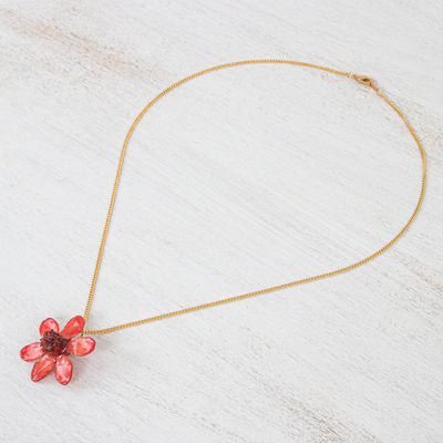 collar con colgante de flor natural - Colgante de flor de zinnia rosa chapado en oro de 22 k de Tailandia