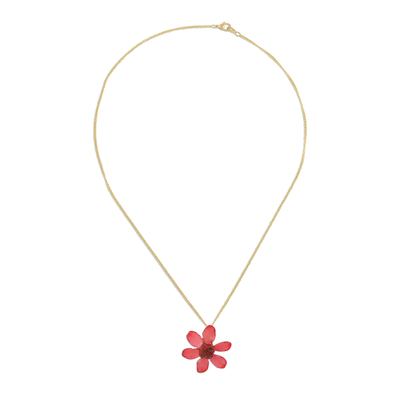 Natural flower pendant necklace, 'Zinnia Charm in Deep Pink' - 22k Gold Plated Pink Zinnia Flower Pendant from Thailand