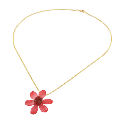 Natural flower pendant necklace, 'Zinnia Charm in Deep Pink' - 22k Gold Plated Pink Zinnia Flower Pendant from Thailand