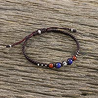 Jasper and lapis lazuli macrame cord bracelet, 'Fiery Orbit'