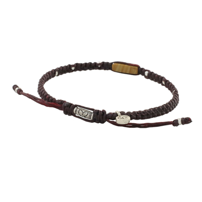 Jasper macrame cord bracelet, 'Earth Saver' - Handmade Waxed Cord Jasper Hill Tribe Silver Bracelet